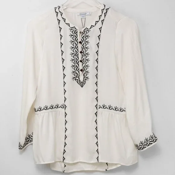 Chico's Satin Embroidered Blouse Bohemian Long Sleeve Off White Black Size 0 / 4 - Picture 2 of 6